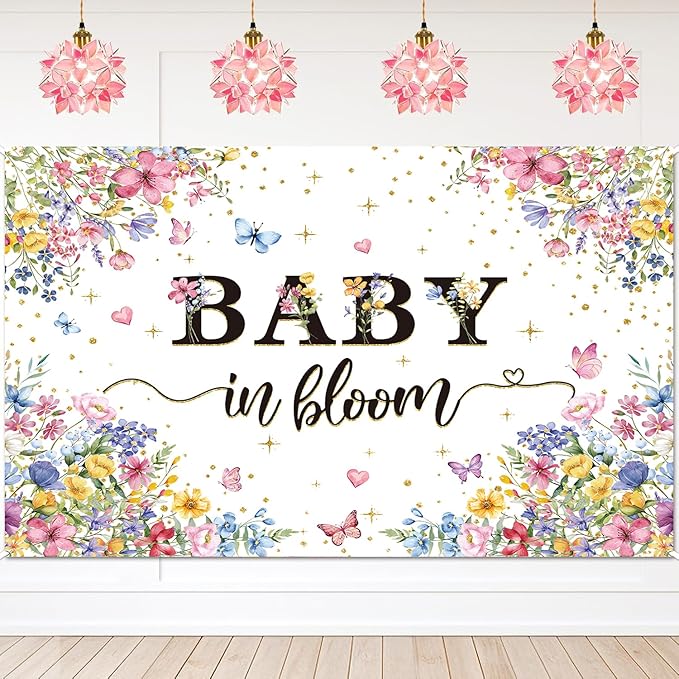 Baby in Bloom Backdrop Wildflower Baby Shower Party Photography Background Spring Floral Gold Glitter Butterfly Banner for Girls Baby Shower Newborn Birthday Party Decorations (94X70 inch (8x6FT))