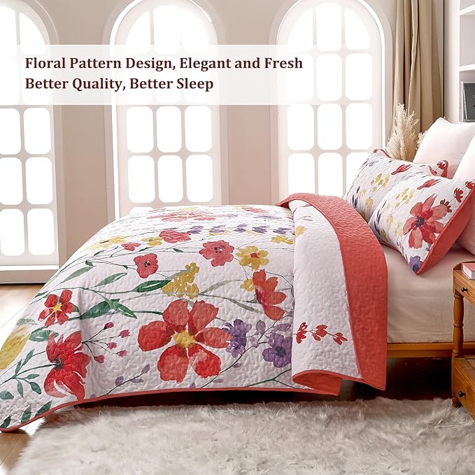 Anibedding Floral Quilt Set King Size, Red Bedspread 3 Pieces Botanical Flower Bedding Set Soft Microfiber Coverlet Set for All Season (King, 104"x90")