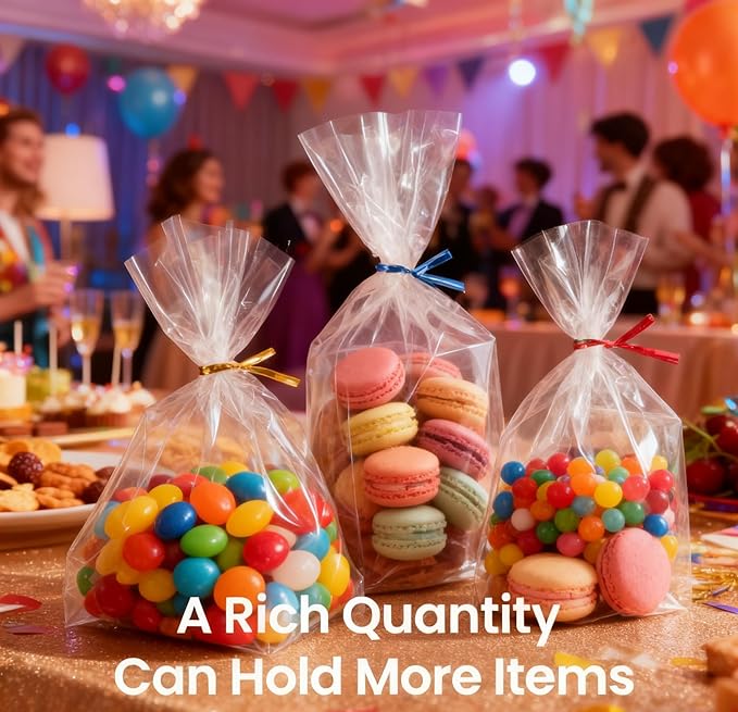 joybest 100 Pcs 6x10 Inches Clear Cellophane Bags, Plastic Treat Bags Gift Wrapping Bag for Bulk Party Favor Goodie Cookie Dessert with Twist Ties