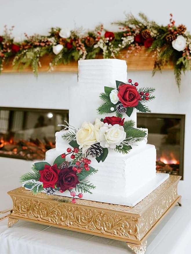Rinlong 3Pcs Pre-made Cake Topper Cake Decorating Flowers for Christmas Cake Decor Burgundy Xmas Cake Decorations for Wedding Baptism