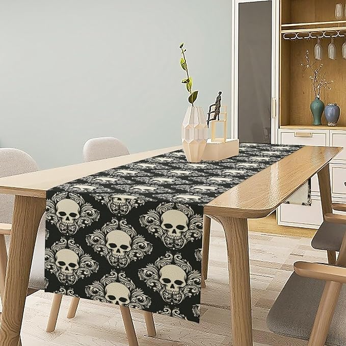 Gothic Table Runner,Dark Skull Pattern Table Runner for Home Kitchen Table Dining Garden Farmhouse Wedding Party Deco 13x60 Inch