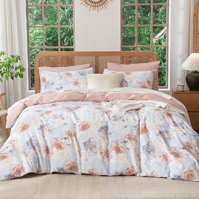 King Comforter Set Flowers 3 Pieces Soft Chic Crinkle Gauze Fabric Bedding, Garden Peony Floral Print Botanical Comforter for All Seasons Luxury Warmth Comfy Breathable with 2 Pillowcases