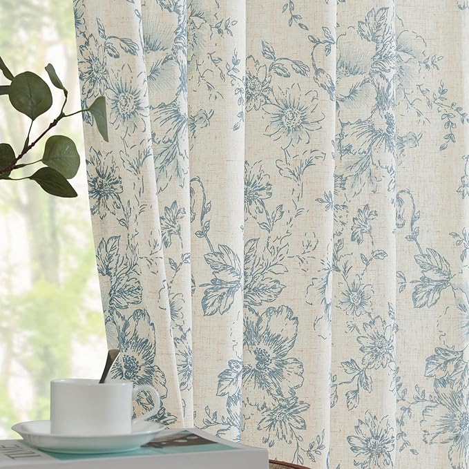 jinchan Linen Floral Curtains Extra Wide for Patio Sliding Glass Door Room Divider Curtain for Living Room 90 Inch Length Farmhouse Peony Blue Printed Curtain Set 1 Panel