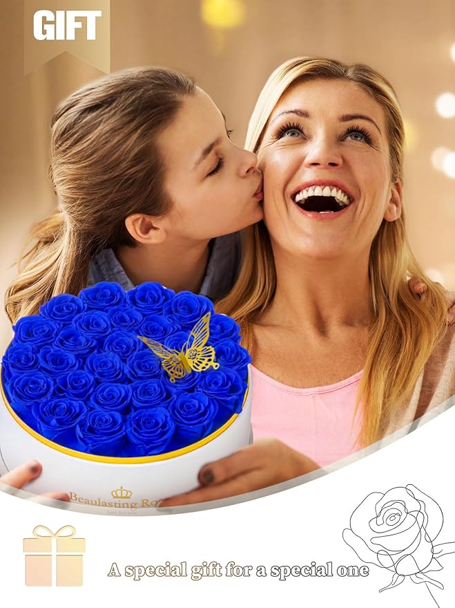 Preserved Roses Forever Flowers Real Roses in a Box Mother's Day Birthday Flowers for Her Mom Women Wife Valentine's Day, 27 Royal Blue Roses
