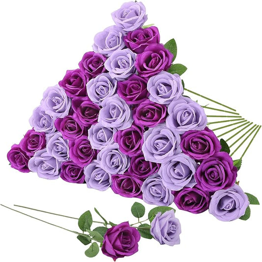 36 Pcs Lilac, Purple Artificial Roses with Long Stems, Fake Silk Rose Artificial Flowers Bulk for Bridal Wedding Bouquet Centerpiece Ball Arrangement Party Decor
