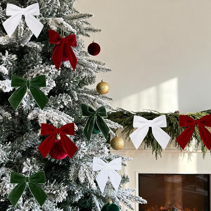 30 Pcs Velvet Ribbon Bows 5" x 4" Pre Tied Christmas Velvet Bows with Twist Tie for Gift Packaging Christmas Tree Wreaths Door Windows Wedding Party Decoration(Xmas Colors)
