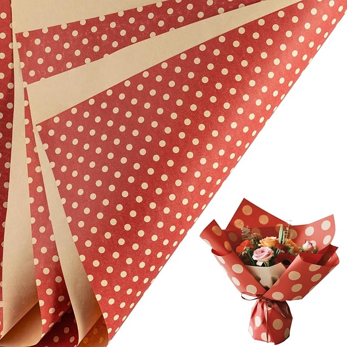 LeZakaa 20 Sheets Kraft Dots Flower Wrapping Paper, Reversible Red with White Polka Dots Floral Bouquet Paper for Christmas, Valentines, Mothers Day, Party, Birthday, Wedding, Baby Shower
