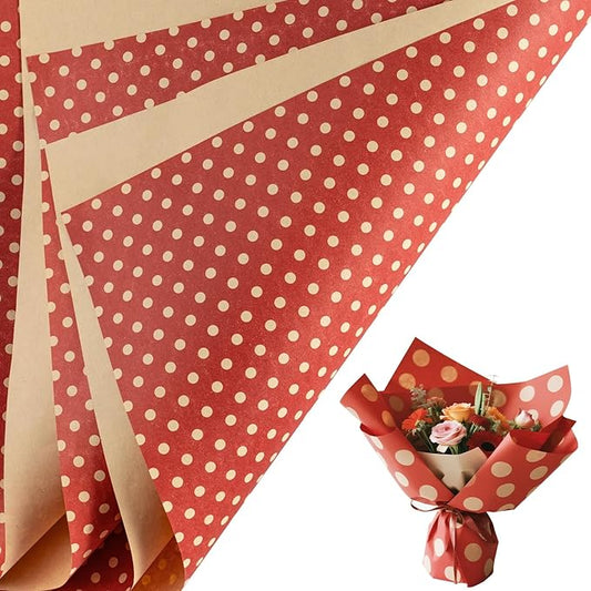 LeZakaa 20 Sheets Kraft Dots Flower Wrapping Paper, Reversible Red with White Polka Dots Floral Bouquet Paper for Christmas, Valentines, Mothers Day, Party, Birthday, Wedding, Baby Shower