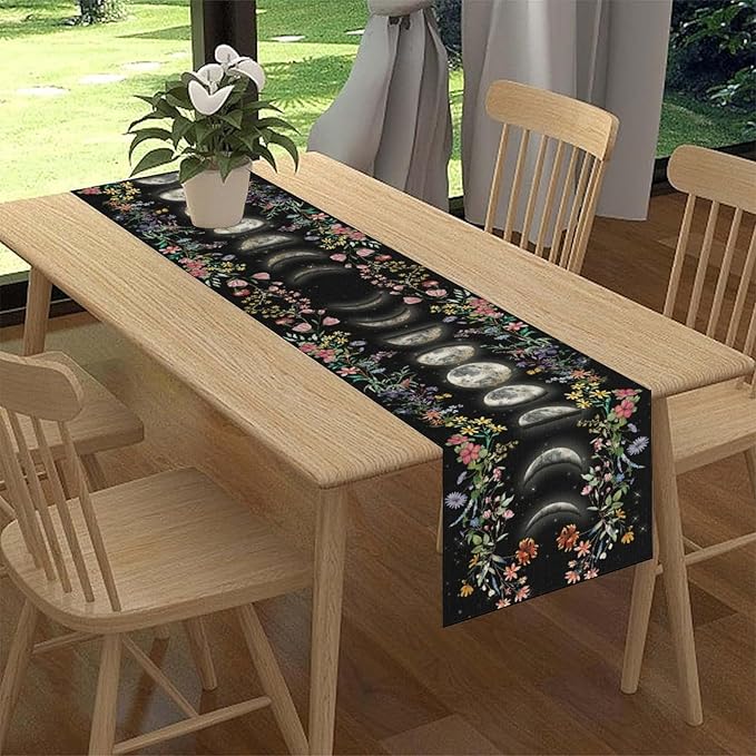 Boho Floral Table Runner, Spring Gothic Moon Phase Wildflower Mystical Witchy Farmhouse Coffee Table Center Decor for Home Kitchen Dining Patio Holiday Party Table Decorations 13x90 inches