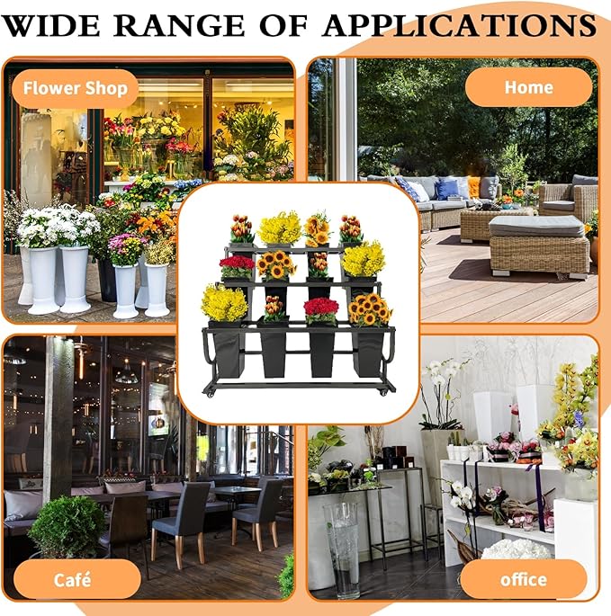 Tongmo 3-Tier Movable Plant Cart - Heavy Duty Flower Rack with 12 Buckets - Perfect for Shops, Homes, Cafes, and Offices