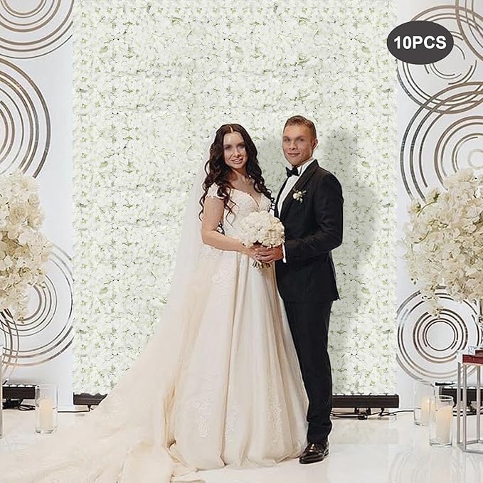 Flower Wall Panels, 10Pcs Artificial Flower Wall 3D Flower Wall Backdrop White Silk Rose Floral Decorative Faux Flower Wall Background for Wedding Home (White,15.7 * 23.6 in)
