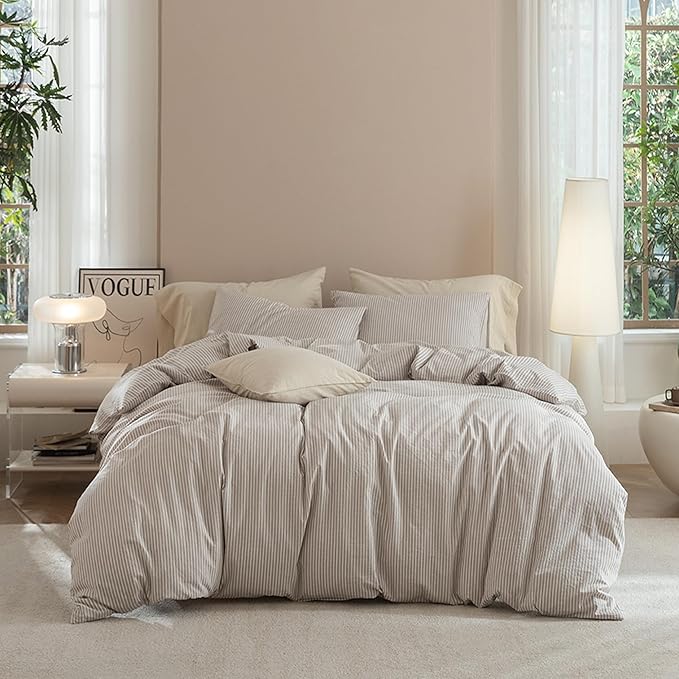 JIYUAN 100% Washed Cotton Striped Duvet Cover Set 3 Pieces King, 1 Duvet Cover and 2 Pillowcases(Comforter Not Included),Linen Like Bedding Set Comfy and Breathable,Pinstripes-Heathered Taupe White
