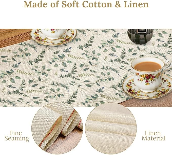 Watercolor Leaf Table Runner, Green Botanical Leaves Nature Decor Table Runner for Kitchen Dining Party Picnic Decoration, 13x90 Inch