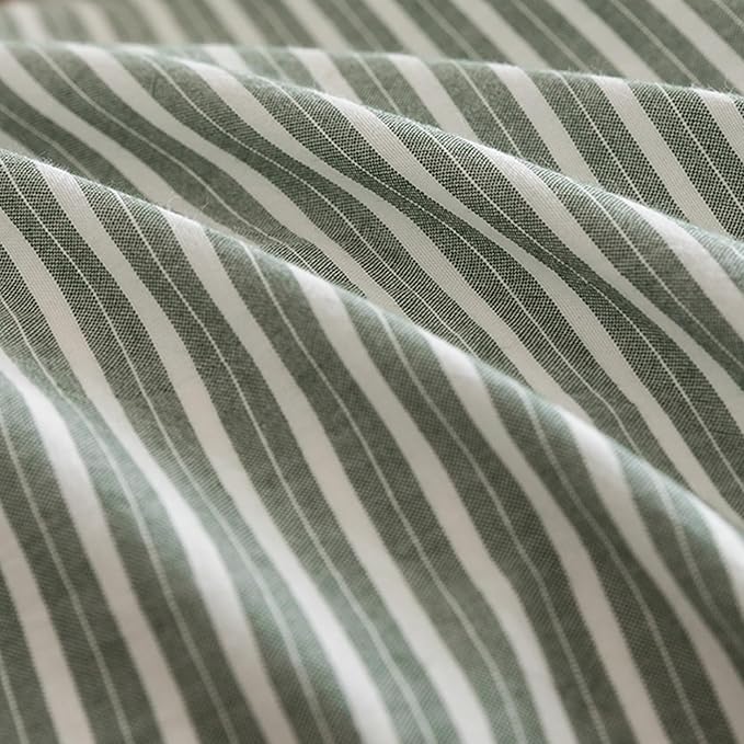 JIYUAN 100% Washed Cotton Striped Duvet Cover Set 3 Pieces King, 1 Duvet Cover and 2 Pillowcases(Comforter Not Included),Linen Like Bedding Set Comfy and Breathable,Pinstripes-Heathered Green White