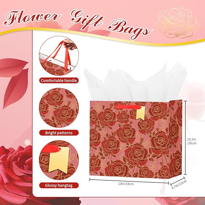 Bloomwords 13" Mother’s Day Gift Bags with Card Tissue(Rose Flower) - Birthdays, Valentine’s, Weddings, Anniversaries, etc. Kit includes Card and Tissue Paper (Red, 2 Piece)