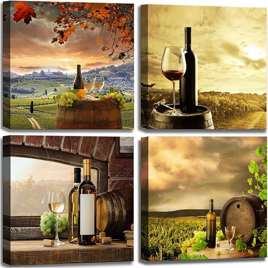 Kitchen Wall Decor Canvas Art for Dining Room, Farmhouse Rustic Paintings Vintage Fruit Red Wine Pictures Realism Colorful Artwork Prints for Bar Living Room Decoration - 12"x12"x4 Pcs