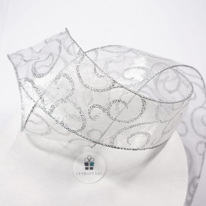 CT CRAFT LLC Organza with Silver Glitter Swirls Wired Ribbon 2.5 inch x 50 Yards for Christmas Home Decor Tree Topper Bow Gift Wrapping DIY Crafts Wreath Garland Wedding