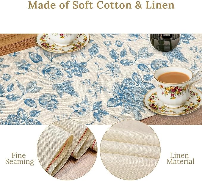 Blue Floral Table Runner, Spring Summer Sketch Wildflower Vintage Country Farmhouse Coffee Table Center Decor for Home Kitchen Dining Patio Holiday Party Table Decorations 13x36 inches