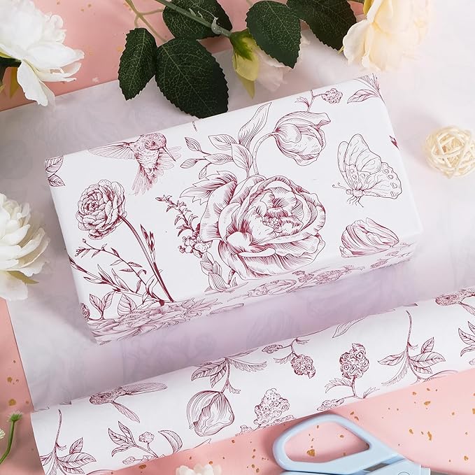 RayofSun Wine Red Floral Wrapping Paper Roll 17 in x 32 ft Mini Roll Vintage Toile Flower Gift Wrap Paper for All Occasion Wedding Birthday Bridal Shower Party Baby Shower Christmas