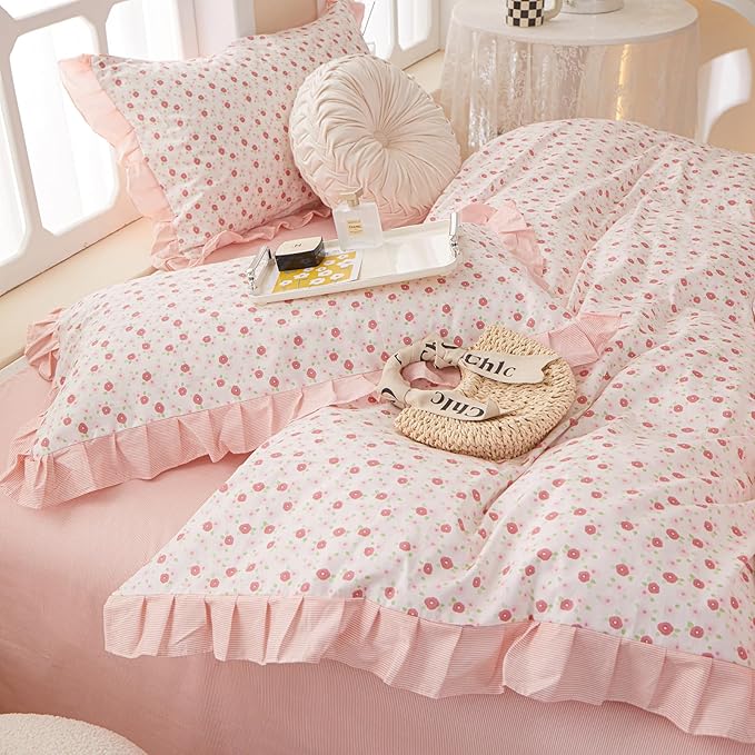Floral Ruffe Duvet Cover King Garden Flower Print Lace Duvet Cover 100% Cotton Girls Floral Comforter Cover Reversible Pink Striped Ruffle Comforter Cover Romantic Lace Princess Bedding Set King