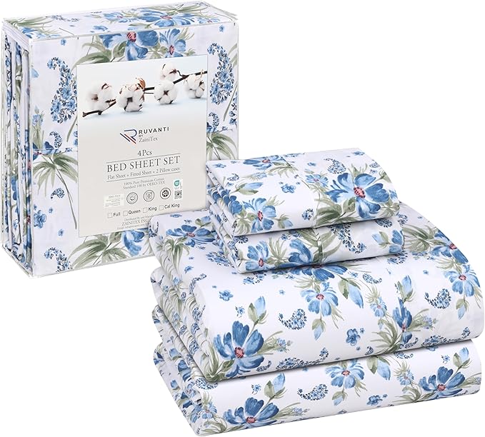 RUVANTI 100% Cotton Full Size Bed Sheets, 4 Pieces, Soft & Breathable Percale Weave Bedding, Deep Pocket 16", Hotel Standard, Crisp Cool Feel, Durable, Perfect Sheet Set Floral, Paislyona