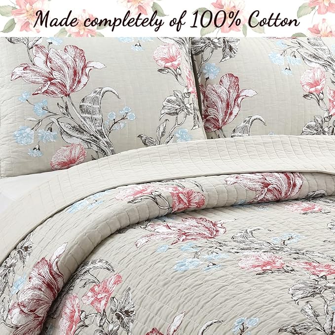 Cozy Line Home Fashions Taupe Khaki Floral Blooming 100% Cotton Reversible Quilt Bedding Set, Coverlet, Bedspread (Taupe Blooming, Queen - 3 Piece)