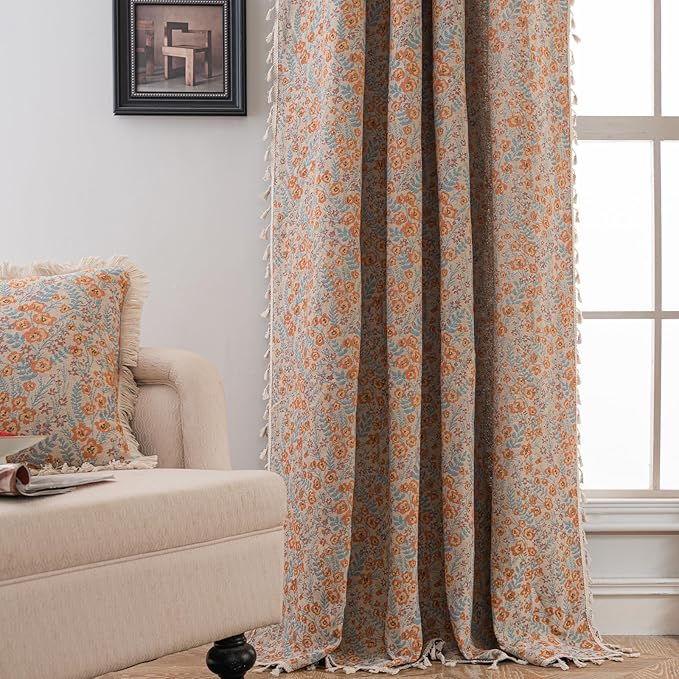 ENJOYBRIDAL Orange Floral Curtains Boho Light Filtering Drapes Vintage Jacquard Rod Pocket Semi Sheer Window Curtains Bedroom Living Room Aesthetic Tassel 84 Inch Length 2 Panels Set Window Treatments