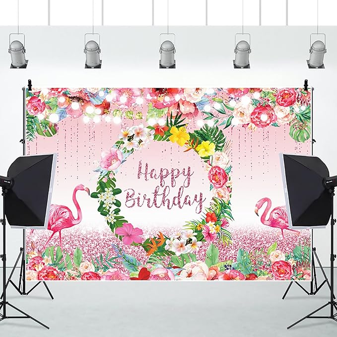 Renaiss 10x8ft Happy Birthday Backdrop Pink Flamingo Tropical Leaves Flower Hoop Winkle Hawaiian Photography Background Luau Aloha Party Decor Girls Birthday Photo Props Dessert Gift Table Banner