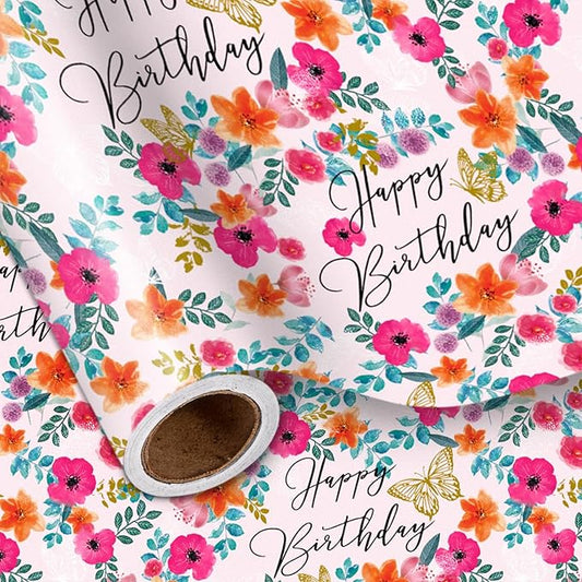 LeZakaa Happy Birthday Wrapping Paper Roll for Girls Women, Pink Floral & Butterfly, Birthday Party Gift Wrap for Girl, Women, Female, Mini Roll, 17 In x 32.8 Ft