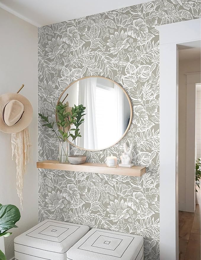 Peel and Stick Wallpaper Vintage Wall Paper Boho Contact Paper Bedroom Bathroom Wallpaper Peel and Stick Grey Brown Tropical Leaf Removable Self-Adhesive Wall Decor 17.3" x 394"