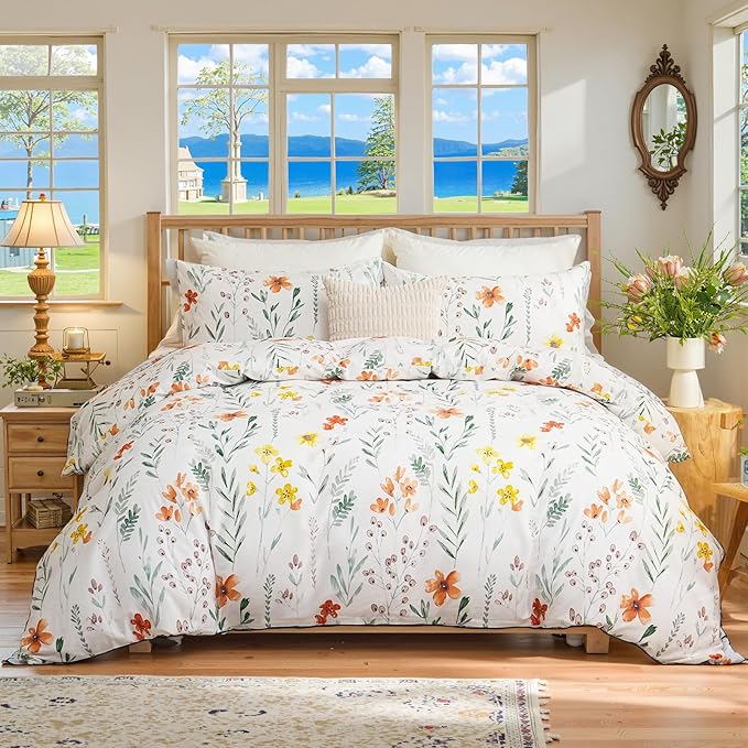 Floral Duvet Cover King Size, 100% Nature Cotton 3 Pcs Garden Floral Aesthetic Bedding Set with Zipper Closure Ultra Soft&Breathable Cottagecore Botanical Duvet Cover Set