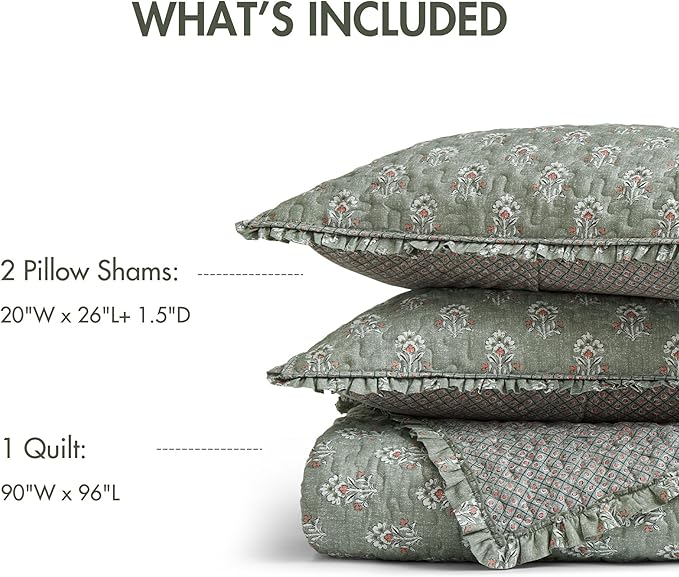 Madison Park Vintage Floral Quilt Set Queen Size, Reversible Bedding & Lightweight Bedspread Set, Traditional Block Print Coverlets with Ruffled Edge, 3-Piece with 2 Shams, Sage Green