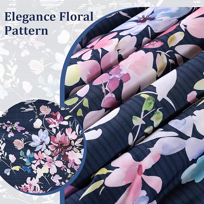 Dobuyly Queen Comforter Set, 7 Pieces Navy Blue Floral Comforter Set, Bed in a Bag Queen with Botanical Flowers Pattern, All Season Farmhouse Queen Size Bedding Set with Sheets, Pillowcases & Shams