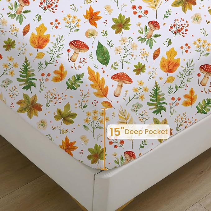 Softan Orange Floral Twin Size Sheet Set, 3-Piece Printed Microfiber Fitted Sheet with 15" Deep Pockets & Non-Slip Straps, Maple Leaves & Mushroom Patterned Bedding Sheets & Pillowcase Set
