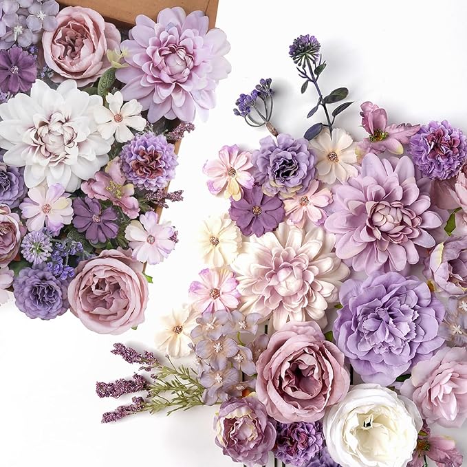 Senseya Artificial Flowers Combo Set, Purple Silk Roses, Peonies, Dahlias with Stems for DIY Wedding Bouquets, Baby Shower, Table Centerpieces, Home Decor, Fake Floral Arrangements, Party Decorations