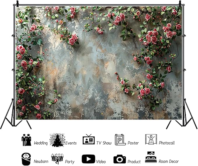 Baocicco 9x6ft Vinyl Old Floral Wall Photography Background Retro Texture Wall Grain Pink Rose Fairytale Birthday Backdrops Medieval Wedding Events Party Decorations Newborn Baby Shower Studio
