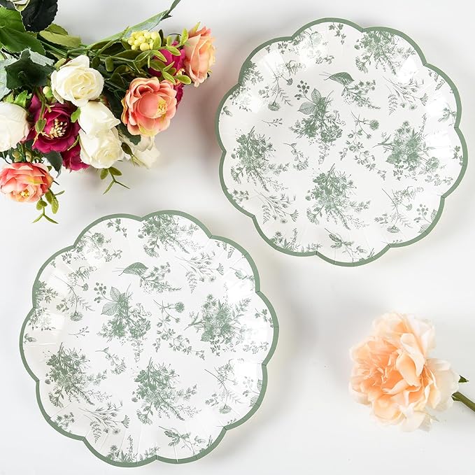 24Pcs Sage Green Floral Party Plates Vintage Floral Leaf Disposable Paper Plates Wildflower Toile 7" Scalloped Rim Dessert Plate for Christmas Birthday Bridal Tea Party Supplies
