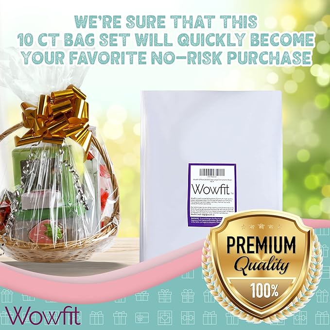 Wowfit Cello Clear Bags, 10 CT 30x40 inches - Durable & Easy-to-Use Cellophane Packaging Solution for Gift Baskets, Raffles, Birthday Events and More(Flat, No Gusset, Ribbon Not included)