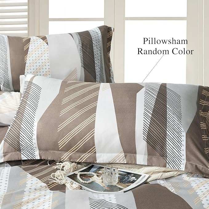 SAPHREAS Dot Stripes Geometric Pattern Duvet Cover Set King Size Microfiber Brown Khaki White Patchwork Bedding Comforter Cover Set 1 Duvet Cover 2 Pillow Shams