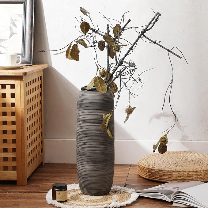 ALMA Black Tall Floor Vase for Pampas Grass, 18'' Gray Extra Large Floor Vase for Home Decor, Big Unique Ceramic Flower Vases for Living Room Floor,Fireplace,Mantel Decoration