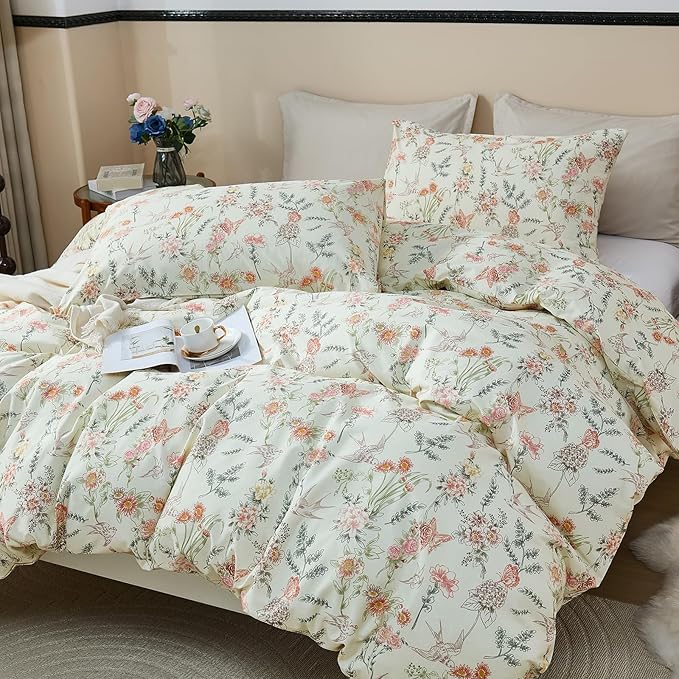 100% Cotton Duvet Cover King Size – Vintage Botanical Floral Duvet Cover Set with Zipper Closure, 3-Piece Soft Breathable Natural Premium Cotton Bedding Set for All Seasons