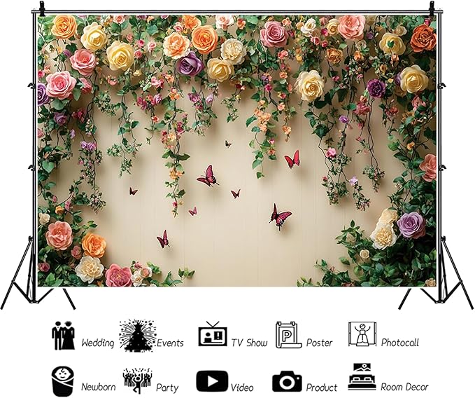 Baocicco 20x10ft Flowers Wall Photography Background Butterfly Spring Floral Botanical Banner Backdrop Vintage Wedding Birthday Backdrop Decorations Girls Party Table Cake Decoration Photo Props