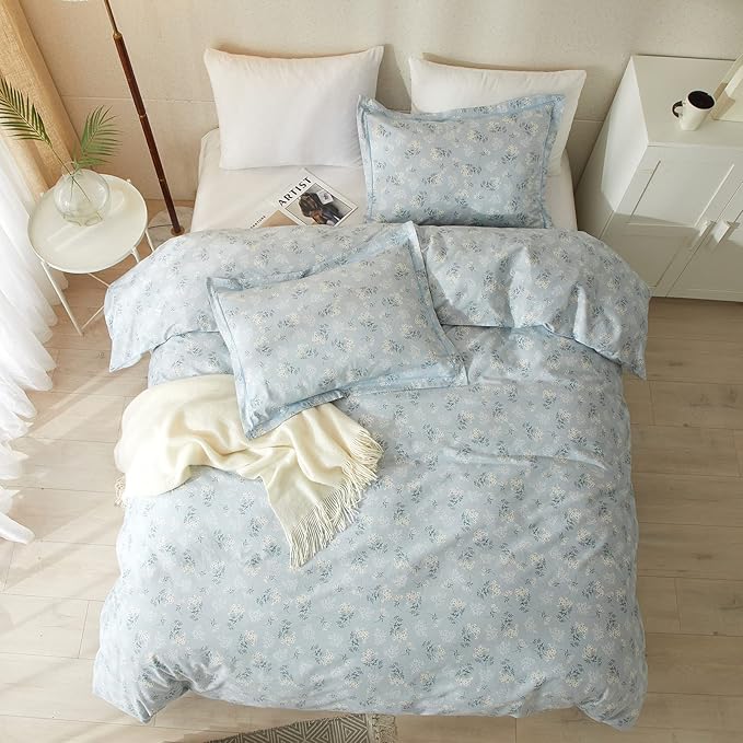 EAVD Boho Floral Duvet Cover King Soft Cotton Floral Blue Duvet Cover with 2 Pillowcases Chic Shabby Garden Flower Bedding Set Reversible Garden Floral Comforter Cover with Zipper Closure