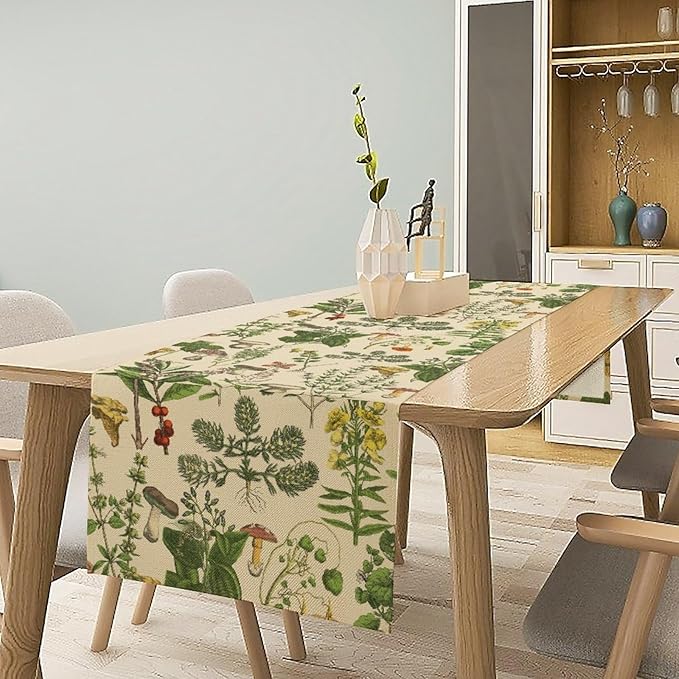 Vintage Botanical Table Runner, Antique 1900s Plants Herbs Mushroom Boho Retro Wildflower Ferns Print Table Runner for Farmhouse Kitchen Indoor Outdoor Decoration, 13x90inch