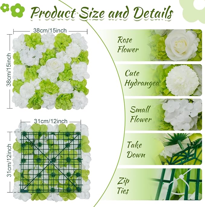 Green White Flower Wall Wedding Photo Backdrop 5ftx3.74ft 3D Fake Floral Wall Rose Party Backdrop for Baby Shower Bridal Wedding Background Home Decor