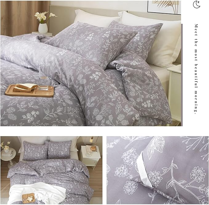 EAVD Fresh Vintage Grey Floral Duvet Cover King Soft Cotton Chic Shabby Garden Floral Bedding Set with 2 Pillowcases Reversible Floral Botanical Duvet Cover with Zipper Closure
