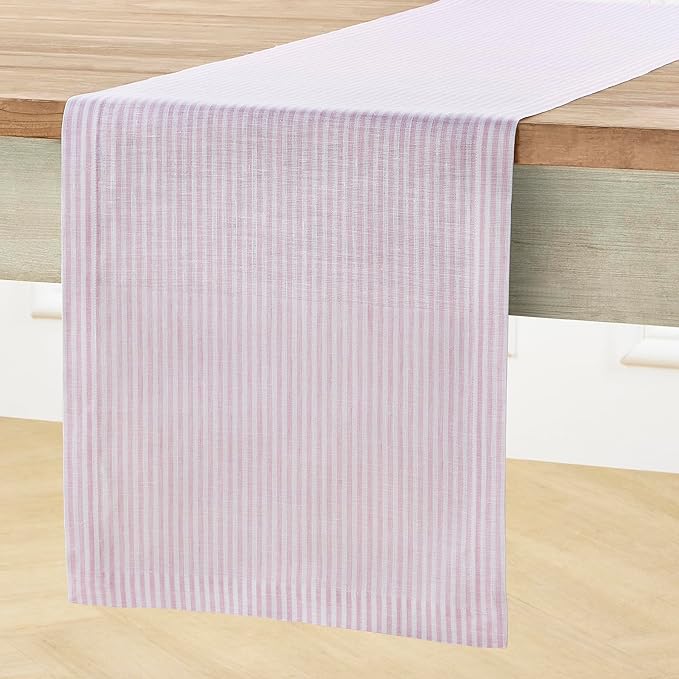 Solino Home Linen Table Runner 144 Inches Long - Narrow Stripe, 100% Pure Linen Pink and White Table Runner 14 x 144 Inch for Dining, Valentines, Spring, Easter