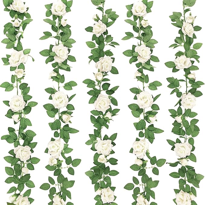ZIFTY 5Pcs 32.5FT White Flower Garland Fake Vines Faux Artificial Floral Garland for Wedding Decortions Hanging Rose Ivy for Arch Garden Ceremony Background Outdoor Wall Decor
