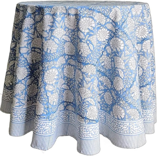 ATOSII Azora Blue 100% Cotton Round Tablecloth, Handblock Print Floral Table Cloth for Kitchen Dining Linen I Parties, Weddings, Outdoors I 90" Inches Round