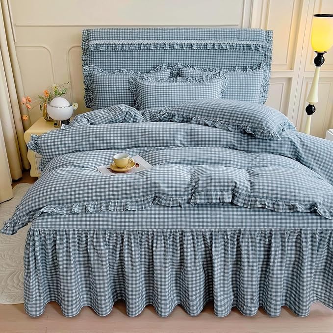 LifeTB Queen Comforter Set Blue Gingham Comforter Vintage Ruffle Plaid Checkered Pattern Comforter Set Queen Fluffy Soft Gingham Bedding Set Farmhouse Plaid Grid Bed Comforter with 2 Pillowcases